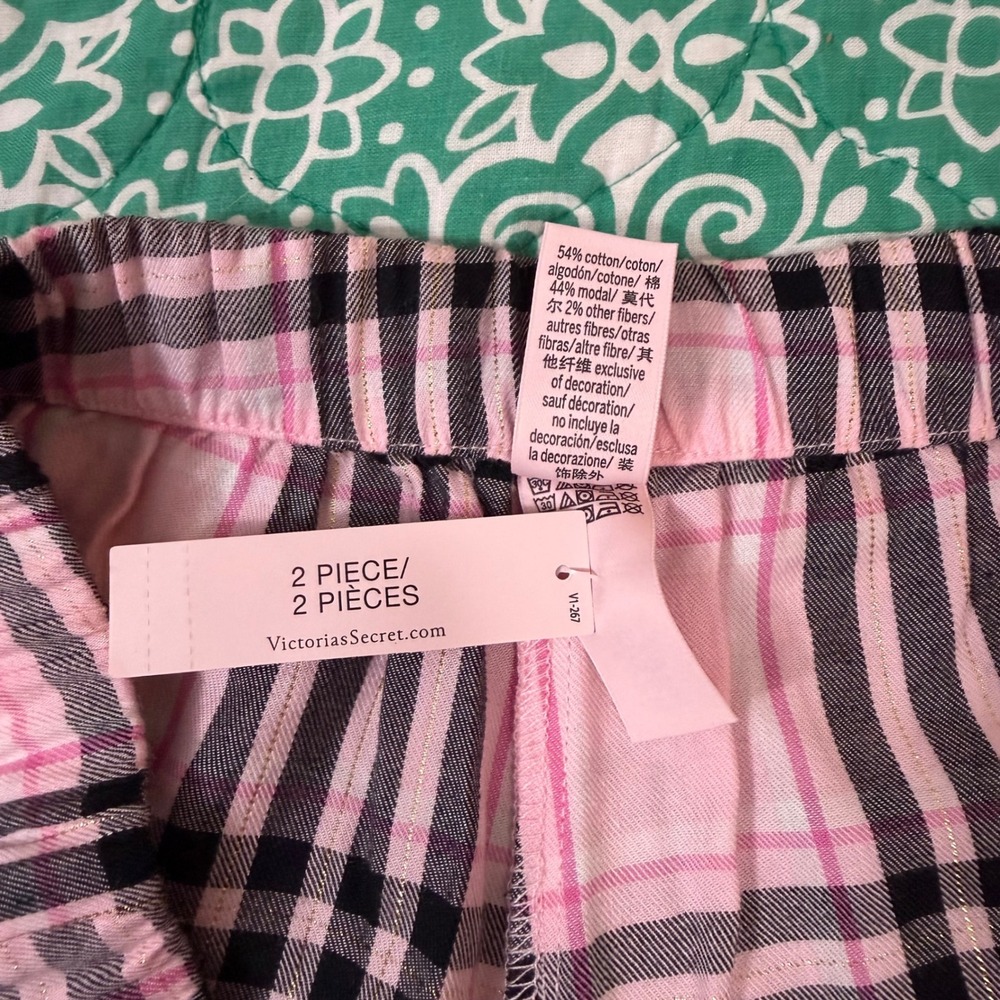 Victorias Secret Pink Plaid Flannel Pajama Set Lurex Shimmer Womens Small Pjs - Picture 10 of 11